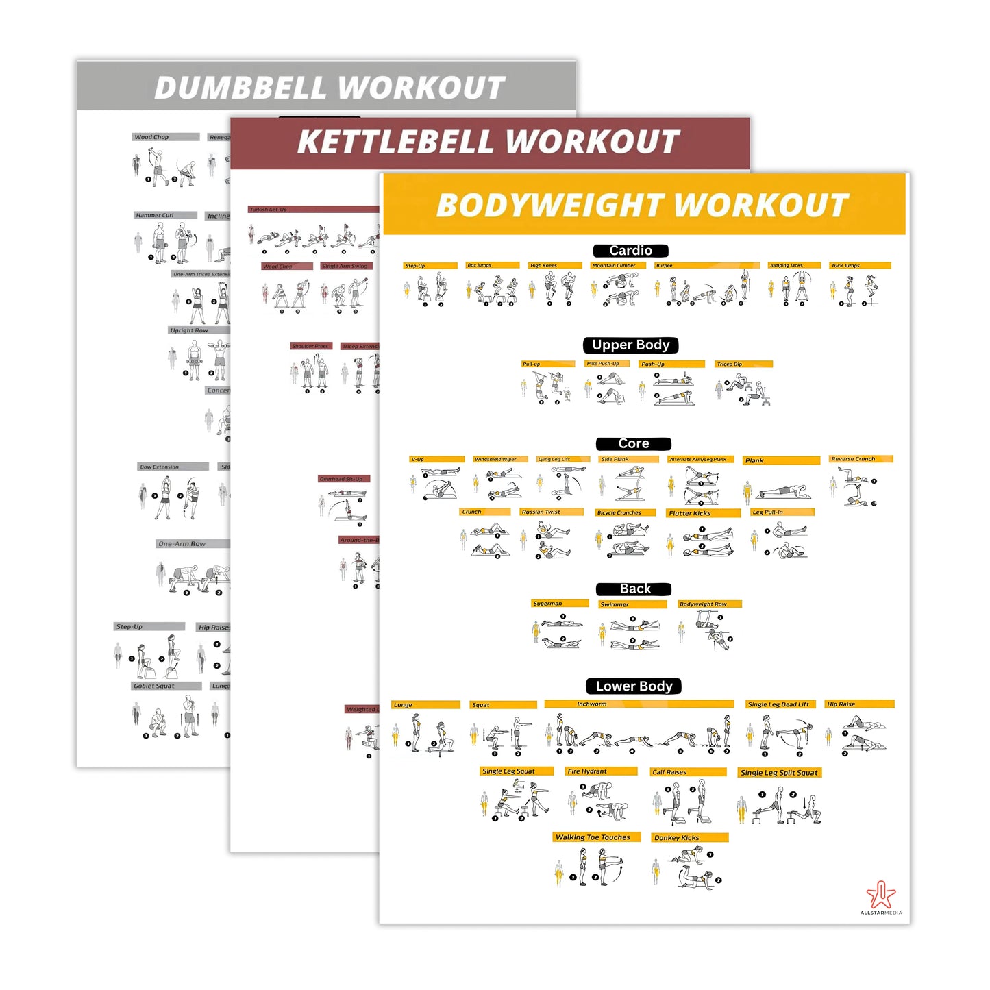 Dumbbell, Kettlebell & Bodyweight Workout Poster Pack | Fitness Routine Guide & Motivational Gym Wall Art Pack (Set of 3)